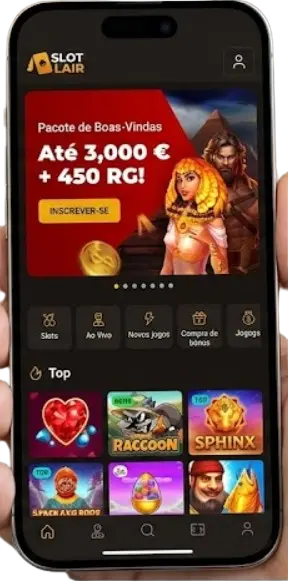 Slot Lair mobile casino interface with a welcome bonus.