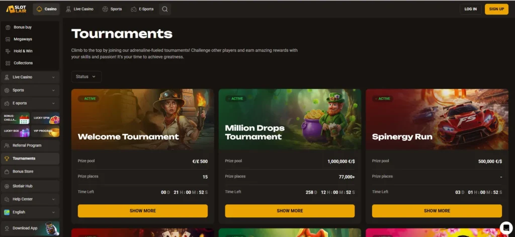 Slot Lair's tournament section features active competitions to help you find the perfect event.