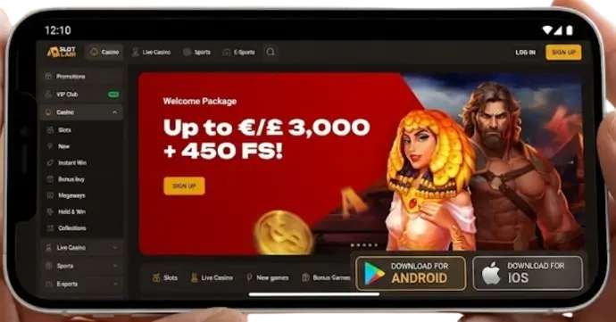 Smartphone showing SlotLair app with download buttons to highlight mobile gaming for UK players.