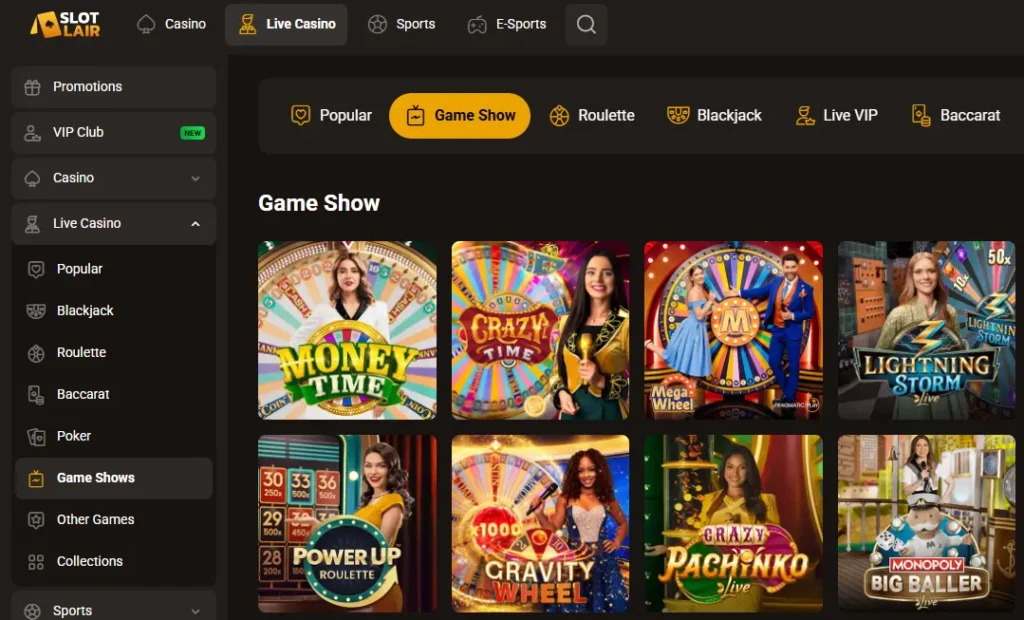 Live Casino SlotLair's game show grid offers a selection of popular live casino entertainment.