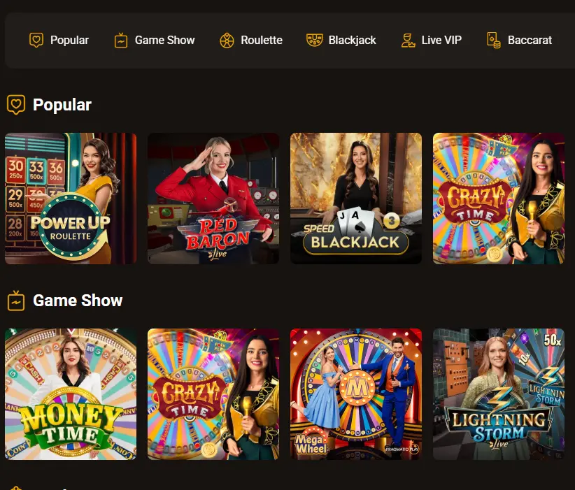 Popular SlotLair live casino games and game shows featuring real dealers for UK players.