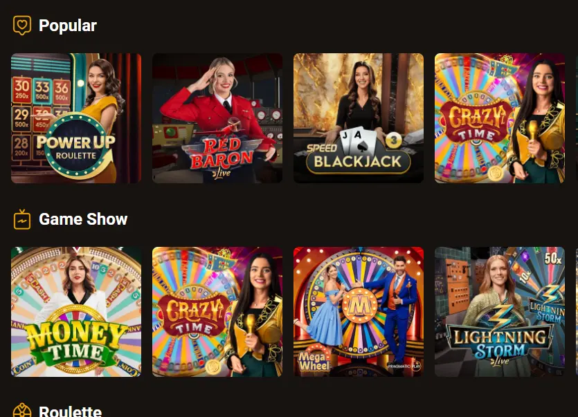Slot Lair's network of popular Live games and game shows offers a selection of live dealer entertainment.