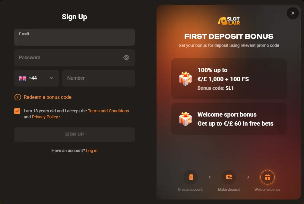 Slot Lair registration form with first deposit bonus details for new players.