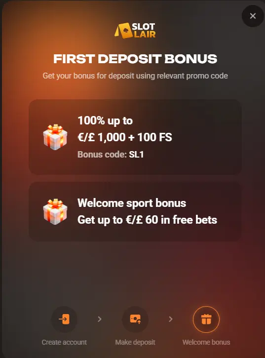 SlotLair first deposit bonus offer for UK players including free spins and sports free bets.